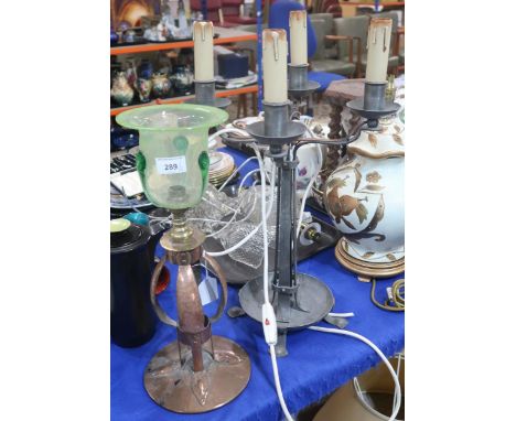 A copper Arts and Crafts table lamp with vaseline shade, together with a pewter candelabra style table lamp Condition Report: