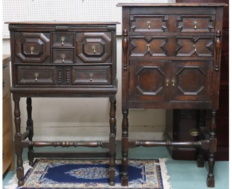 A lot two 20th century oak Jacobean style side cabinets the first with two long drawers over pair of cabinet doors on turned 