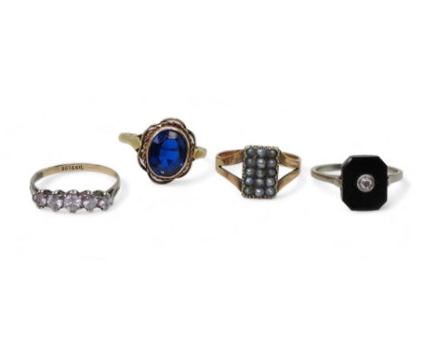 A diamond and agate ring, mounted in white metal, size N1/2, two 9ct rings;- pearl O1/2, blue gem O1/2, and a further 9ct and