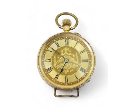 A 14k gold fob watch converted for wristwear, diameter 3.5cm, weight including mechanism 34.8gms Condition Report:Wont wind, 