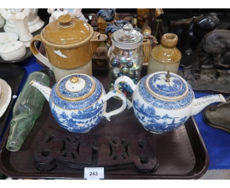 Two blue and white Worcester teapots, assorted marbles, a Chinese wooden dish stand and other items Condition Report:Availabl