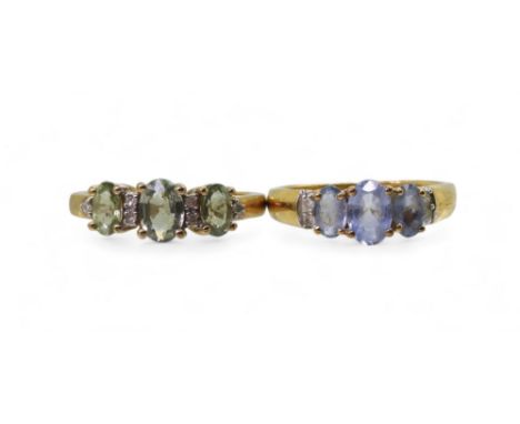 A pale blue sapphire and diamond ring, size I1/2, together with a 9ct gold green sapphire and diamond ring size K1/2, weight 