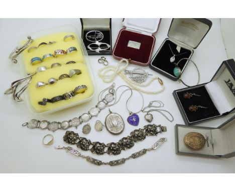 A silver Sheila Fleet, 'Rune' ring, an Irish silver brooch of Tara style brooch, a continental silver rose bracelet, silver b