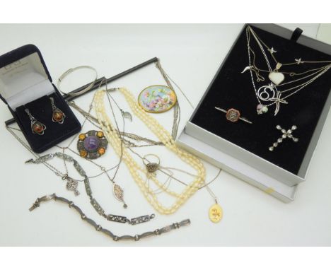 A amethyst and citrine set Celtic cross brooch, Mackintosh style items, silver chains &amp; pendants etc Condition Report:No 
