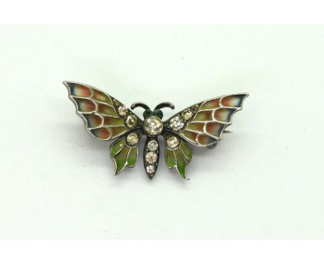 A continental silver plique a jour butterfly brooch set with diamante, 3cm, stamped 925, further stamped with a sacred heart 