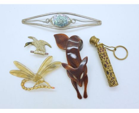 Lea Stein 'famous fox' brooch, a horn dragonfly brooch, a diamante and enamel duck brooch, a scent bottle etc Condition Repor