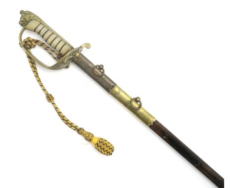 A Royal Naval Officer's dress sword by Gieves Ltd., London, the approx. 80cm blade etched with royal coat of arms and crowned
