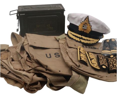 A Royal Thai Navy Admiral's peaked cap and epaulettes, together an assortment of U.S. Army/Navy canvas webbing bags and a Cal
