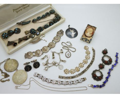 A collection of silver enamel/niello Siam wear jewellery, a pair of moonstone cufflinks, a Oriental white metal charm bracele