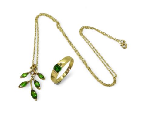 A 9ct gold Russian diopside ring, size L1/2, together with a 9ct diopside leaf pendant and 46cm 9ct rope chain, weight togeth