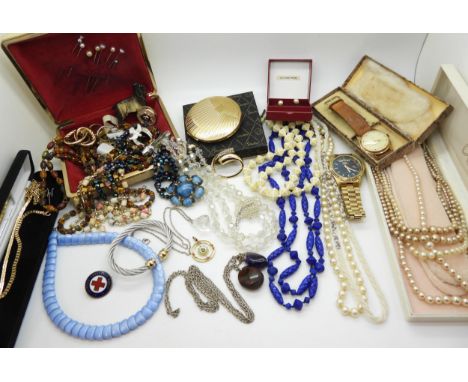 A collection of vintage costume jewellery, to include Neiger Brothers beads, gold plated gem set Edwardian pendant, Stratton 