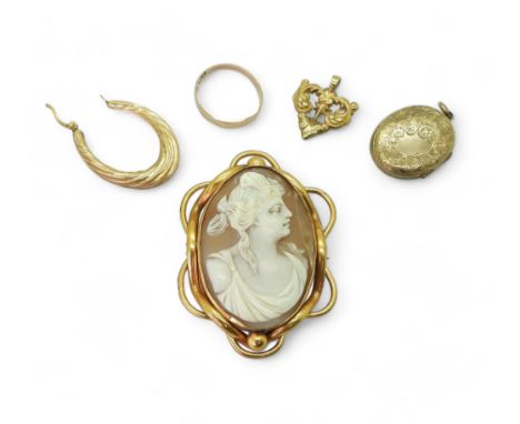 A yellow metal mounted cameo brooch, 9ct wedding ring and single earring, and other items of yellow metal weight all together