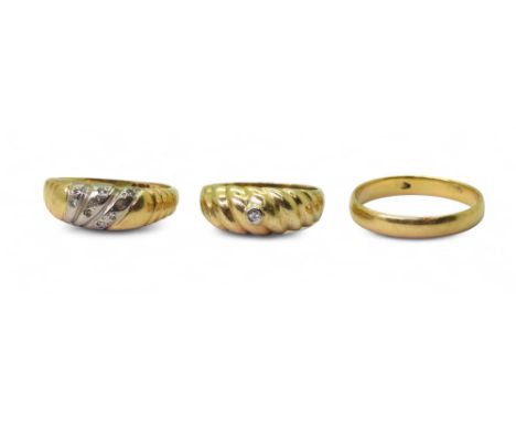 Three 18ct gold rings;- a wedding ring, size S, diamond cluster O1/2, and a single diamond set dome ring size L, combined wei