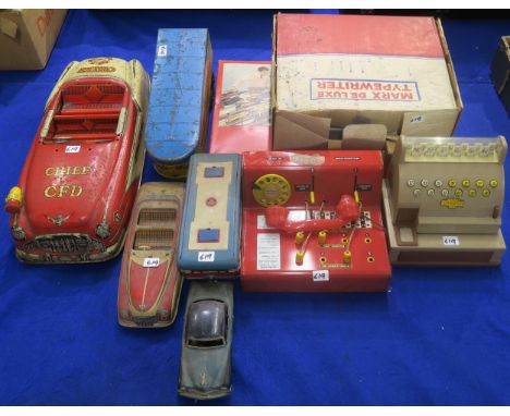 Vintage toys, to include a large Marx Toys tinplate American-style Fire Chief's car; tinplate car and caravan by S.S.S. Japan