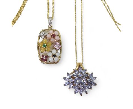 Two 9ct gold gem set flower pendants; a multi gem set pendant, length with bail 3cm to include opal and diamond, 45cm chain, 