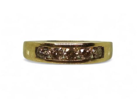 A 9ct gold champagne colour diamond five stone ring, set with estimated approx 0.50cts, finger size I1/2, weight 2.4gms Condi