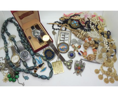 A Longines Quartz watch, a vintage Accurist watch, costume jewellery to include a necklace by Orient, Scottish style by Jacob