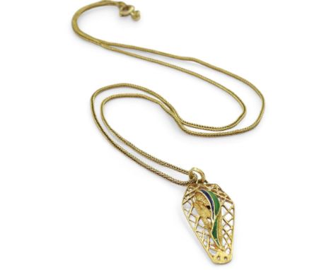 An 18k Italian made abstract pendant of the Madonna with enamel detail, with a 54cm 18k gold herringbone chain, weight all to