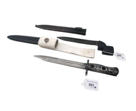 A British SLR L1A3 bayonet, the 19cm clipped point blade housed in a black painted scabbard; together with an unmarked no. 9 