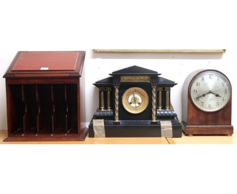 A lot comprising a black slate mantle clock, another mahogany mantle clock and a R.C Vickery, Regent St writing slope (3) Con