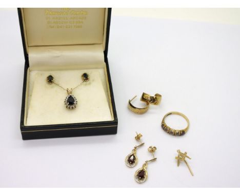 A 9ct sapphire and diamond pendant and chain, a pair of garnet and diamond earrings, sapphire earrings, creole earrings, maso