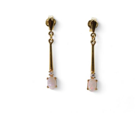 A pair of 18ct gold opal and diamond drop earrings, length 3cm, weight 2.3gms Condition Report:Available upon request