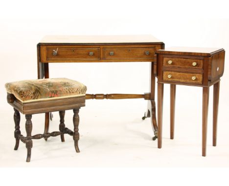 A 20th century mahogany sofa table, in the Regency style, a drop leaf bedside table, and a piano stool (3)