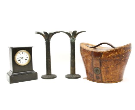 A pair of cast metal palm tree farm pricket sticks, 33cm high, together with a Victorian black marble eight day mantel clock 