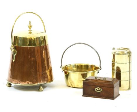 A copper and brass coal scuttle together with a jam pan and a Chippendale tea caddy and a brass three tier tiffin box