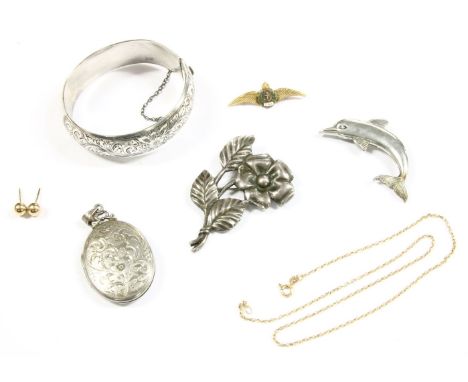 A collection of costume jewellery, to include a sterling silver flower brooch, stamped sterling with possible mark D.K., a st