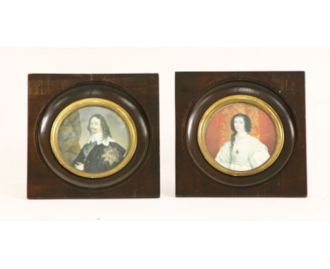 After Anthony Van DyckPORTRAIT OF CHARLES,PORTRAIT OF HENRIETTA MARCHminiatures, 9cm diameter, (2)