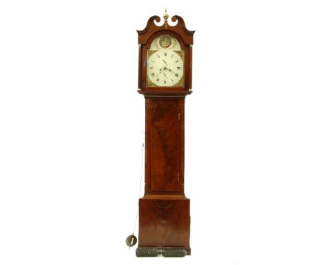 A 19th century eight day mahogany longcase clock, with painted broken arch dial, with twin subsidiary dials, 210cm high