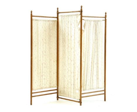 A late Victorian pitch pine two fold screen, the turned column frame with acorn finials inset fabric panels. 110 x 160cm