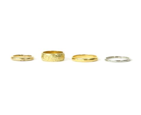 A 22ct wedding ring, size R, 3.24g, a wedding ring marked 14k, 2.83g, size H, tested as approximately 14ct, an 18ct wedding r