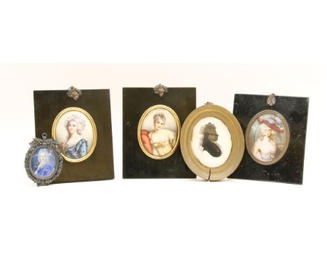 PORTRAIT OF A GENTLEMAN, HALF LENGTH IN A BLUE WRAPMiniature on ivory;with three 20th century portrait miniatures, and a silh