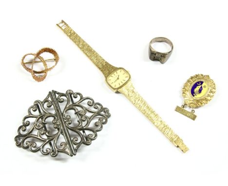 A collection of costume jewellery, to include a 9ct gold textured knot brooch, 6.81g, a sterling silver belt buckle, 38.28g, 