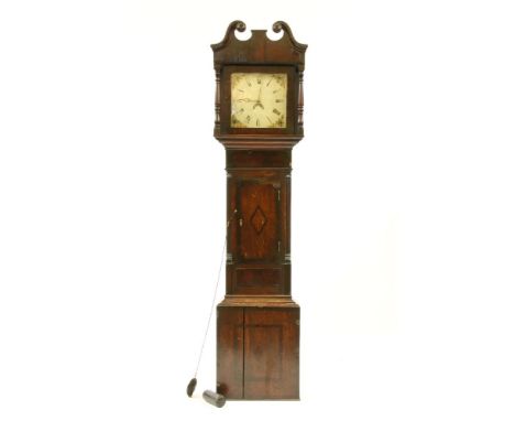 A 19th century oak crossbanded 30 hour longcase clock, with reeded pilasters and painted dials