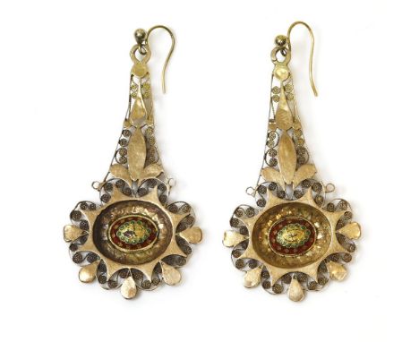 A pair of high carat gold Anglo-Indian filigree drop earrings, the central oval boss decorated with red and green enamel, set
