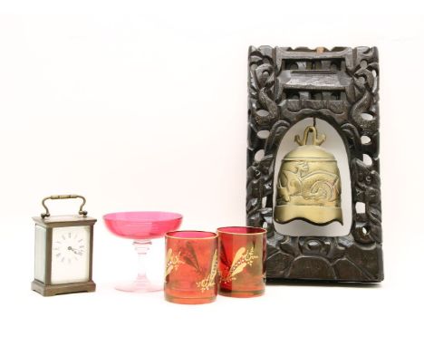 A quantity of miscellaneous items, to include a Japanese Kodansu, a set of six gilt Cranberry glass tumblers, other glassware
