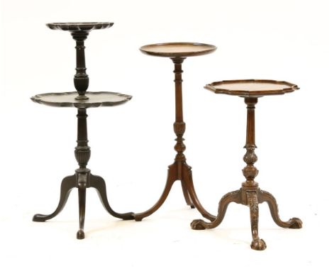 Three reproduction tripod tables, one carved walnut, one inlaid mahogany, and one two tier mahogany, tallest 75cm