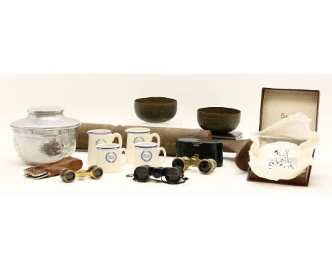 A vintage beechwood and cast iron bootstand, together with four Saville Theatre jugs, a Bakelite cigarette box, two pairs of 