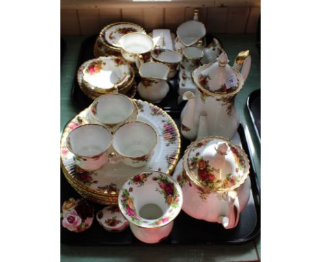 Royal Albert Old Country Roses china to include dinner and tea wares, vases, clock etc (three trays)