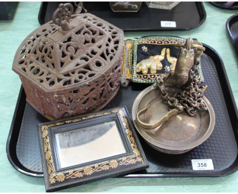An Indian brass hanging lamp plus a pierced iron cage etc