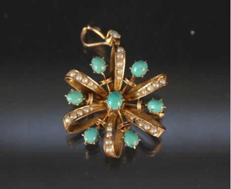 A 9ct gold floral design seed pearl and turquoise set pendant (one pearl missing)