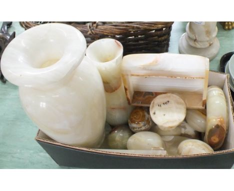 An onyx table lamp, onyx hand coolers etc plus a basket of mineral specimens