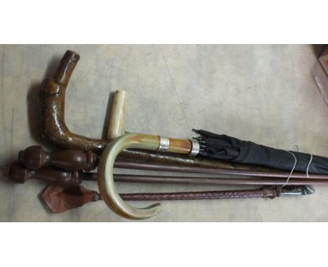 A walking stick with ivory grip, horn hoof handled riding crop plus other sticks