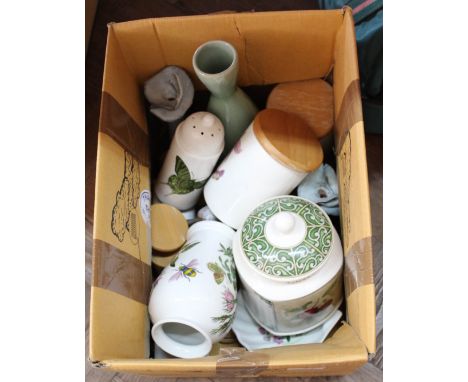 Portmeirion and other china, lawn bowls, gardening books plus a floral print