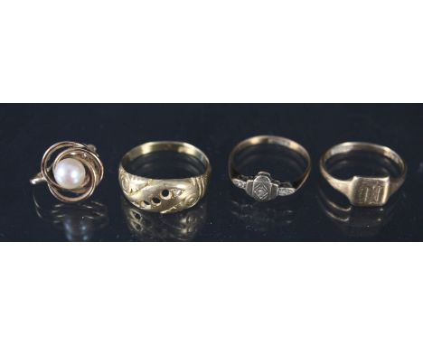 A small 9ct gold signet ring, a 9ct gold ring set with white stones, a gold ring with stones missing and a single pearl earri