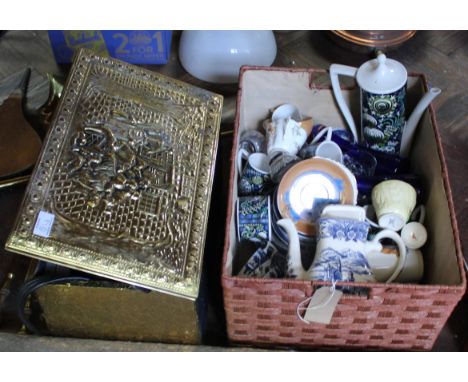 An embossed brass log box, oak mantel clock, Portmeirion Susan Williams Ellis coffee set plus other china and glass etc