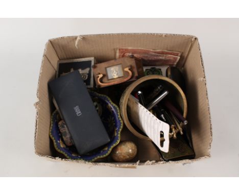 A mixed lot including Parker pens, Cross pen set in box, carriage clock, Eastern influenced bowl etc